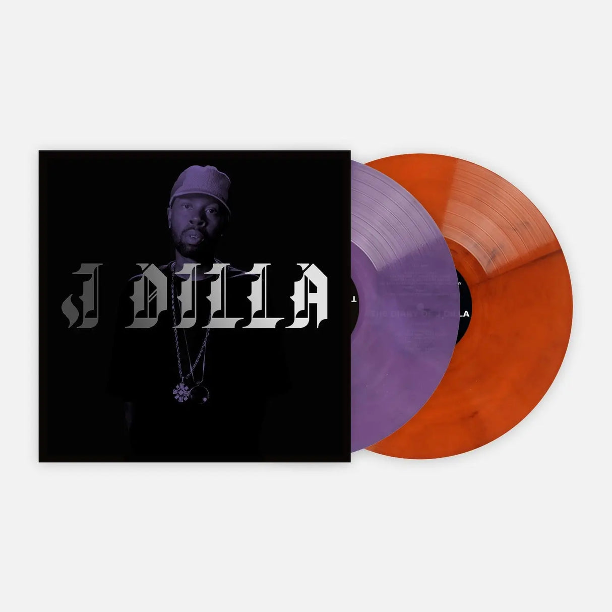 Vinyl records with a black cover featuring a person and 'J Dilla' text, on a white background.