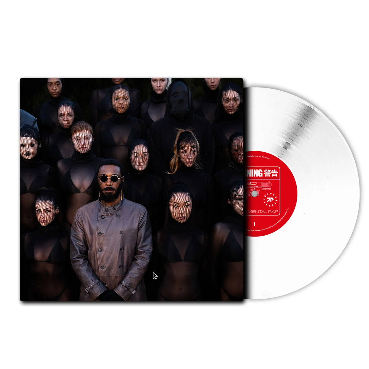 A vinyl record album shown with its square jacket cover and the record partially pulled out. The cover features a group portrait of a woman in a dark hooded outfit, and the center label is red with white text.