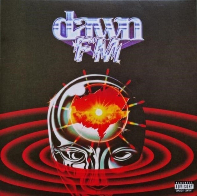 Album cover for Weeknd - Dawn FM (Version 2), featuring a silver vinyl record with a graphic design including a stylized face and red circular patterns.