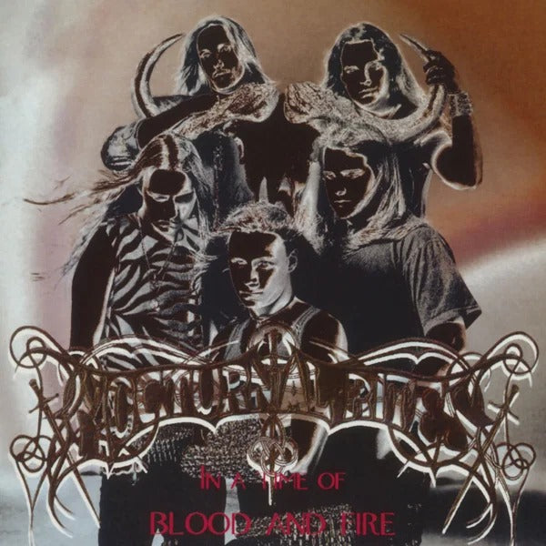 Album cover with stylized illustration of figures and text 'In a Time of Blood and Fire' on a dark background.