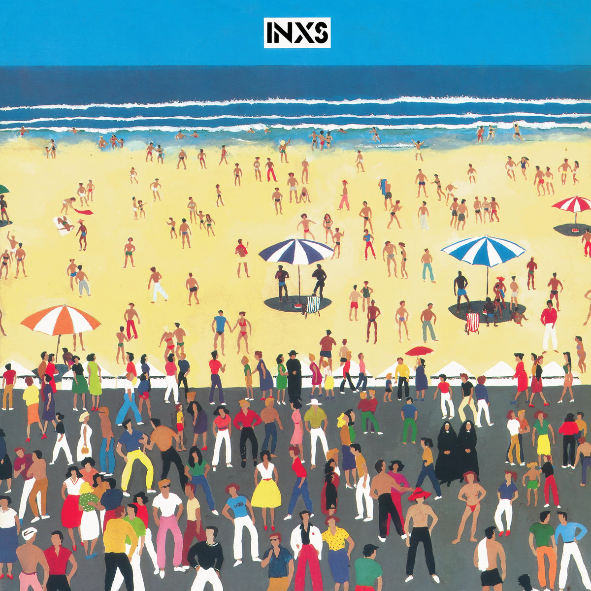 A colorful illustrated beach scene with many small people walking and standing on a sandy shore, ocean waves in the background, and the text 'INXS' at the top center.