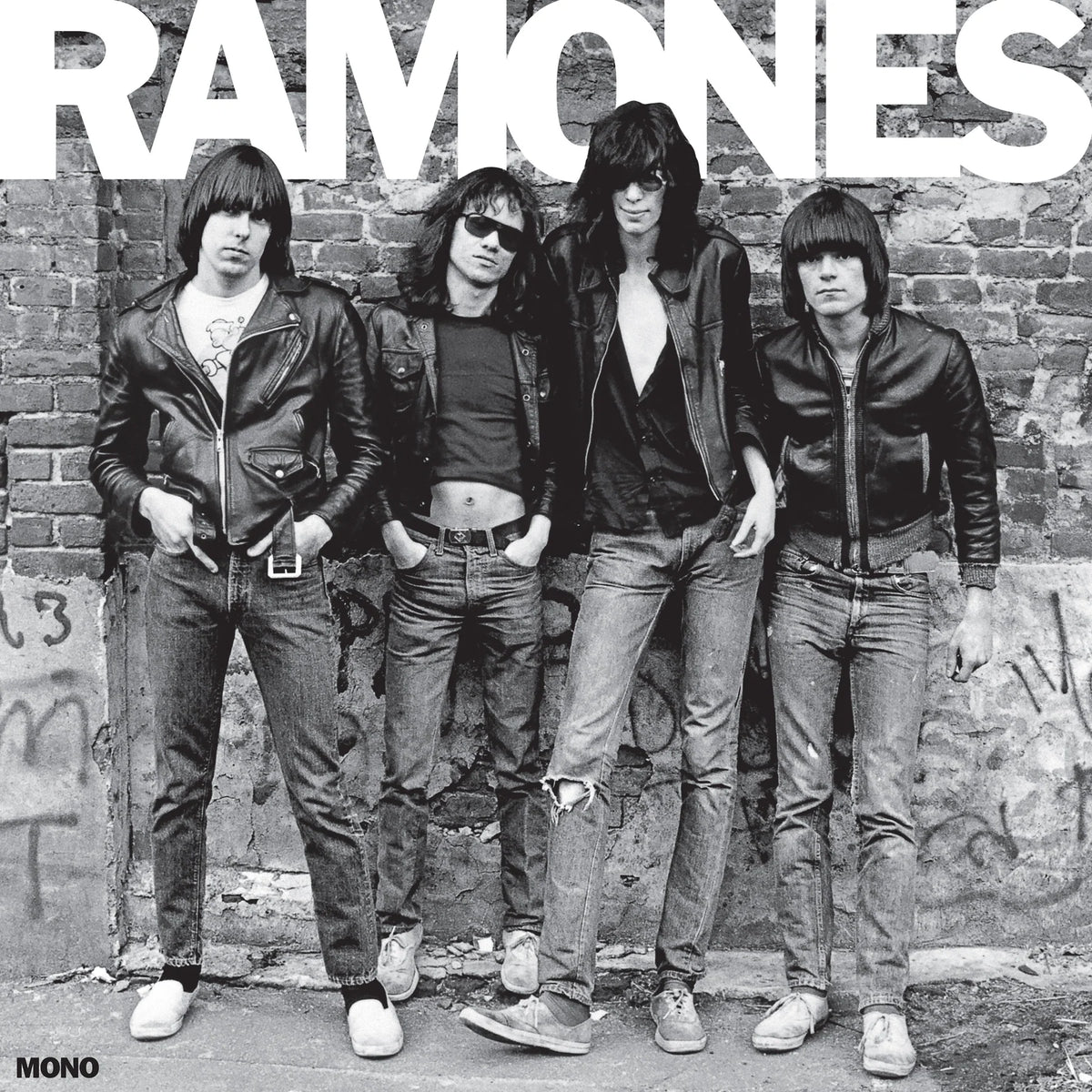 Black and white photo of the band Ramones standing against a brick wall with large white RAMONES lettering across the top.