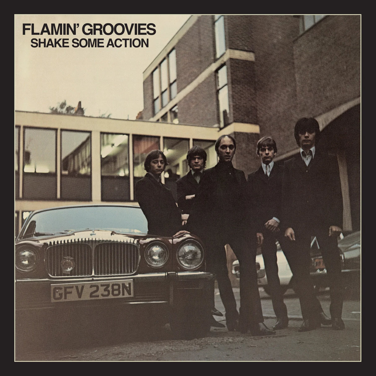 Album cover of 'Shake Some Action' by Flamin' Groovies with five men standing in front of a car.