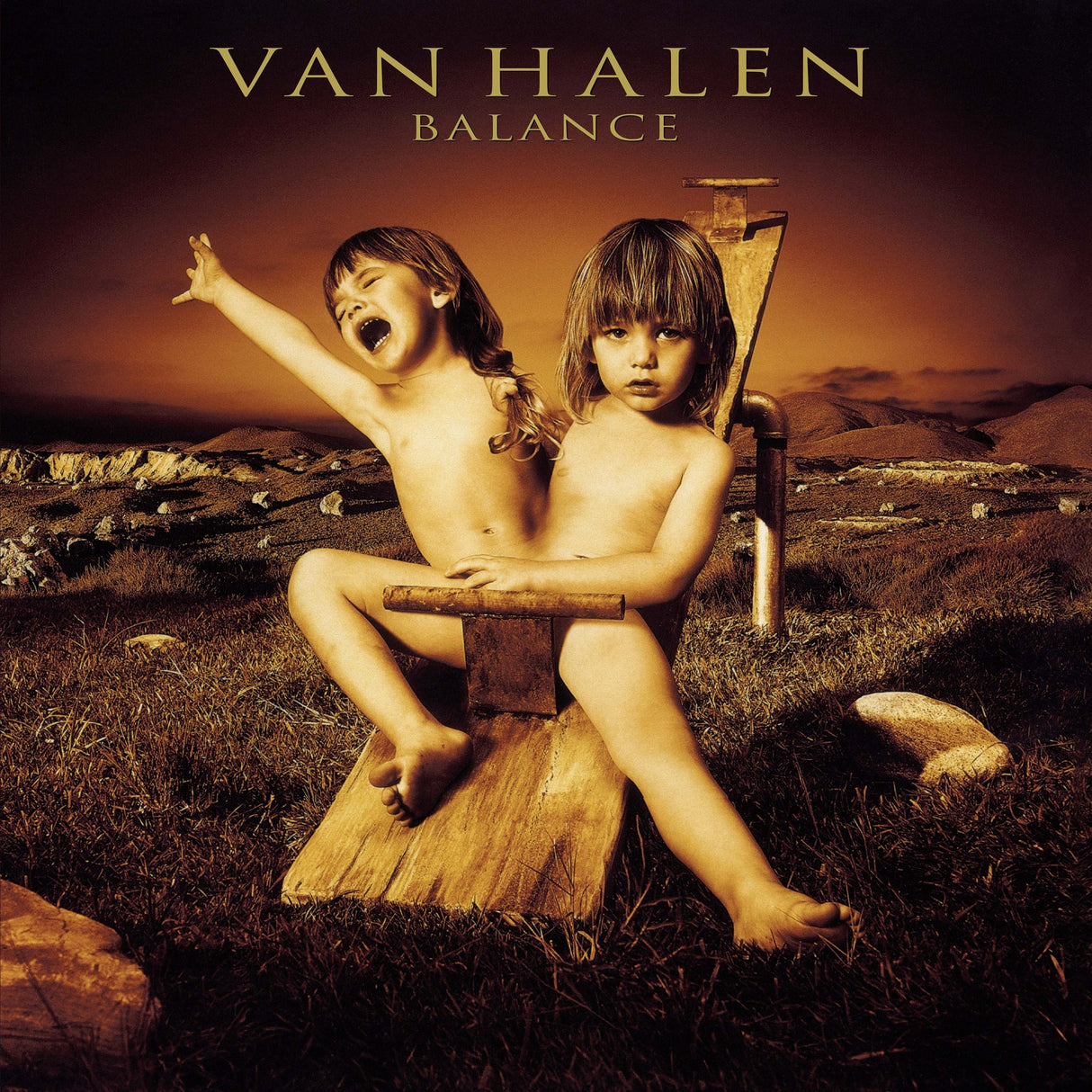 Album cover for Van Halen's 'Balance' featuring two children on a wooden stool in a field.