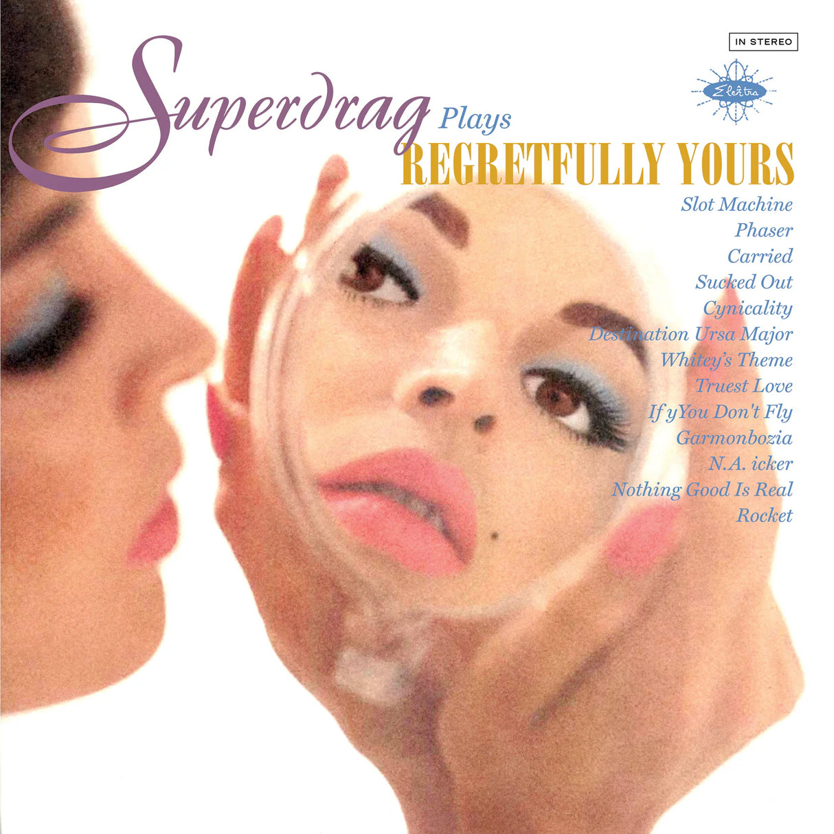 Album cover of 'Superdrag Plays Regretfully Yours' with a stylized face and text.
