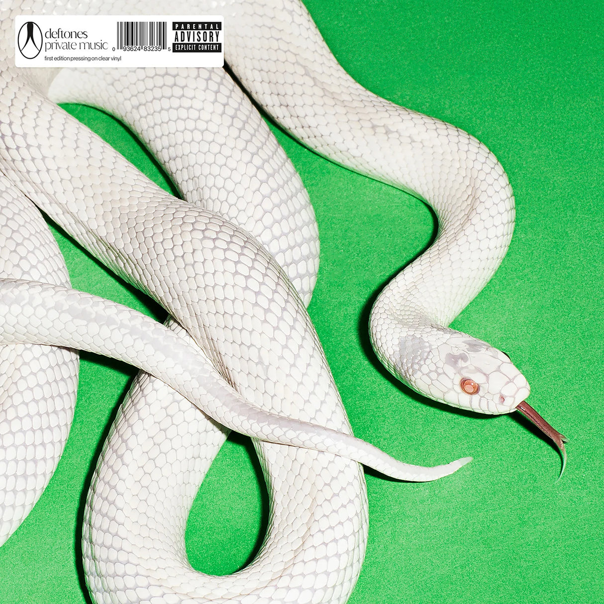 White snake on a green background with Def Leppard album cover in top left corner