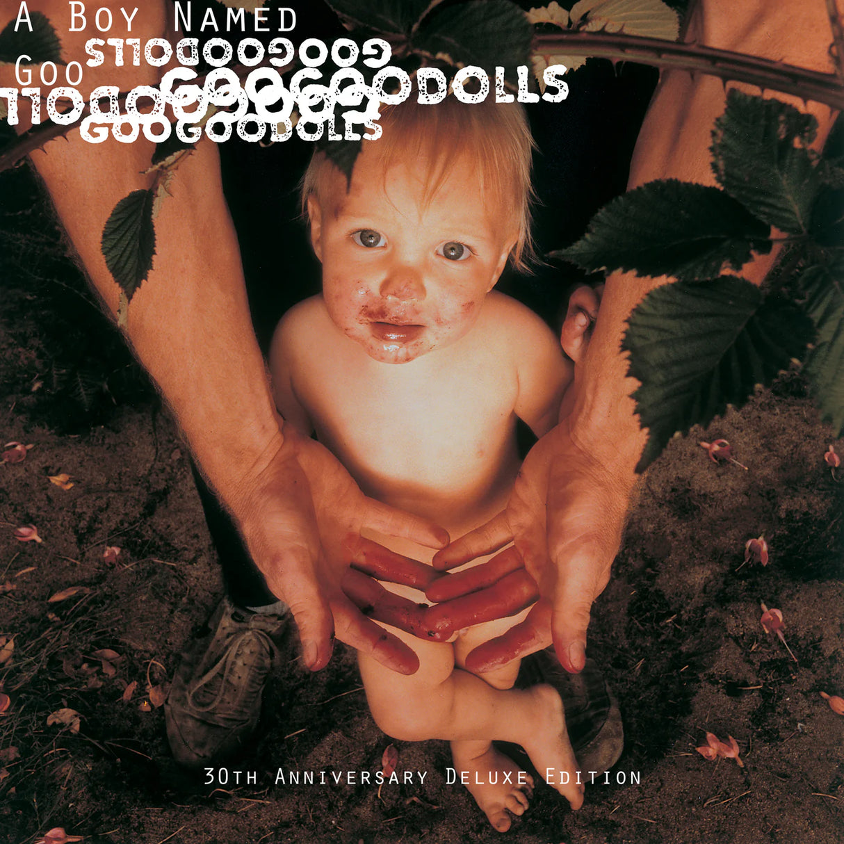 The image displays the cover of the 30th Anniversary Deluxe Edition of the Goo Goo Dolls' album 'A Boy Named Goo'. It features an intimate and slightly grainy photograph of a baby held in hands, with the band's name and album title text superimposed in a bold, white font across the top.