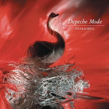 Album cover for Depeche Mode's 'Speak & Spell' featuring a swan and abstract elements on a red background.