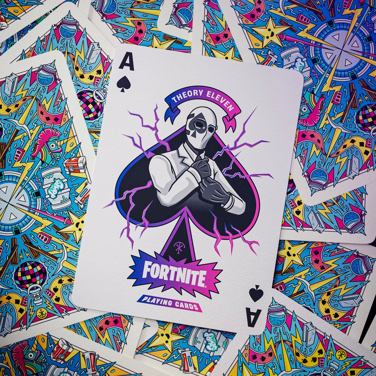 Playing card with 'Fortnite' branding on a colorful abstract background