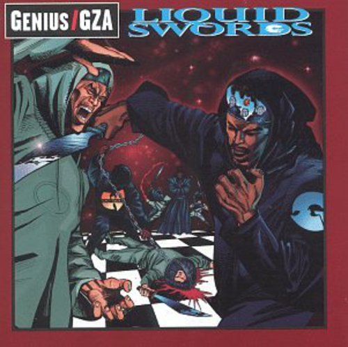 Album cover for Genius/GZA - Liquid Swords featuring an illustration of two figures, one with a sword, in a dark, moody setting with a chess board and pieces.