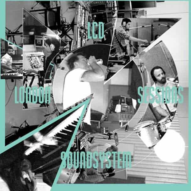 Collage of musicians and studio equipment with 'LCD Soundsystem' text overlay.