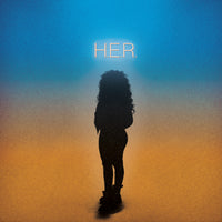 An album cover featuring a silhouette of a person against a gradient background transitioning from blue to orange, with the artist's name 'H.E.