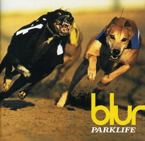 The cover art for the album 'Parklife' by Blur features two greyhounds in a race track setting, with one dog wearing a jockey costume. The album title is displayed prominently at the bottom.