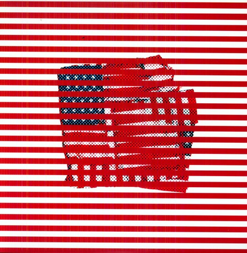 Stack of books with American flag design on a red and white striped background