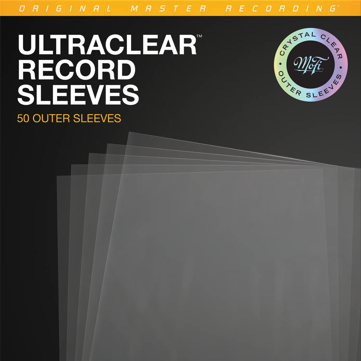 Packaging for MoFi UltraClear Record Outer Plastic Sleeves, showing multiple clear plastic sleeves designed for LP records.