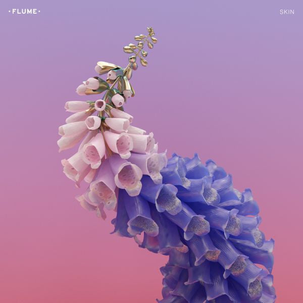 Floral arrangement with pink and blue flowers on a gradient purple and pink background, featuring the artist 'Flume'.