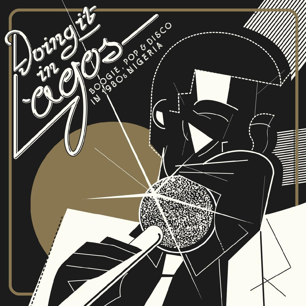 Album cover art featuring a black and white illustration of a person with a record in front of them, indicating a music theme, specifically a disco or pop record.