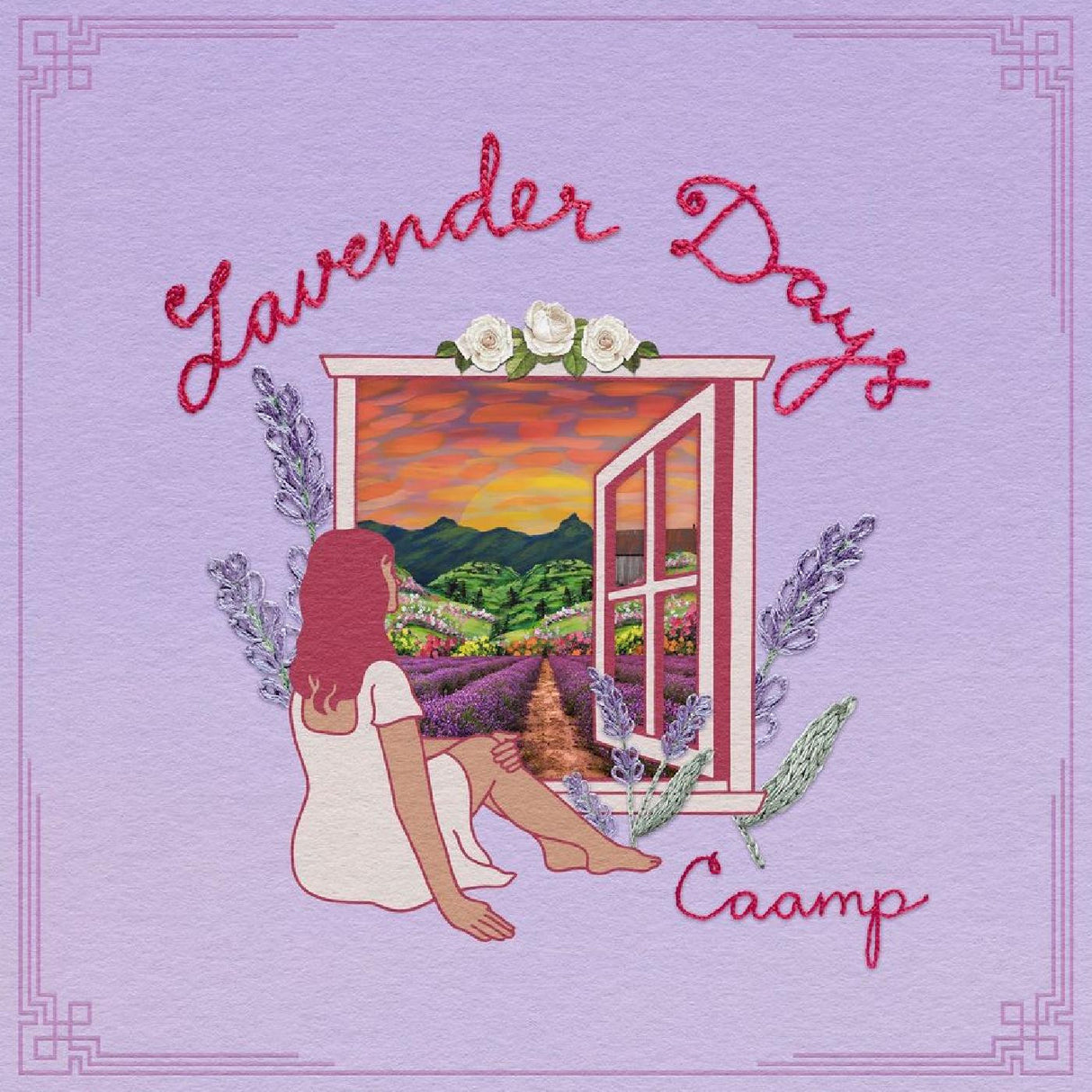 Album cover for 'Lavender Days' by Caamp with a woman looking out a window at a scenic view.