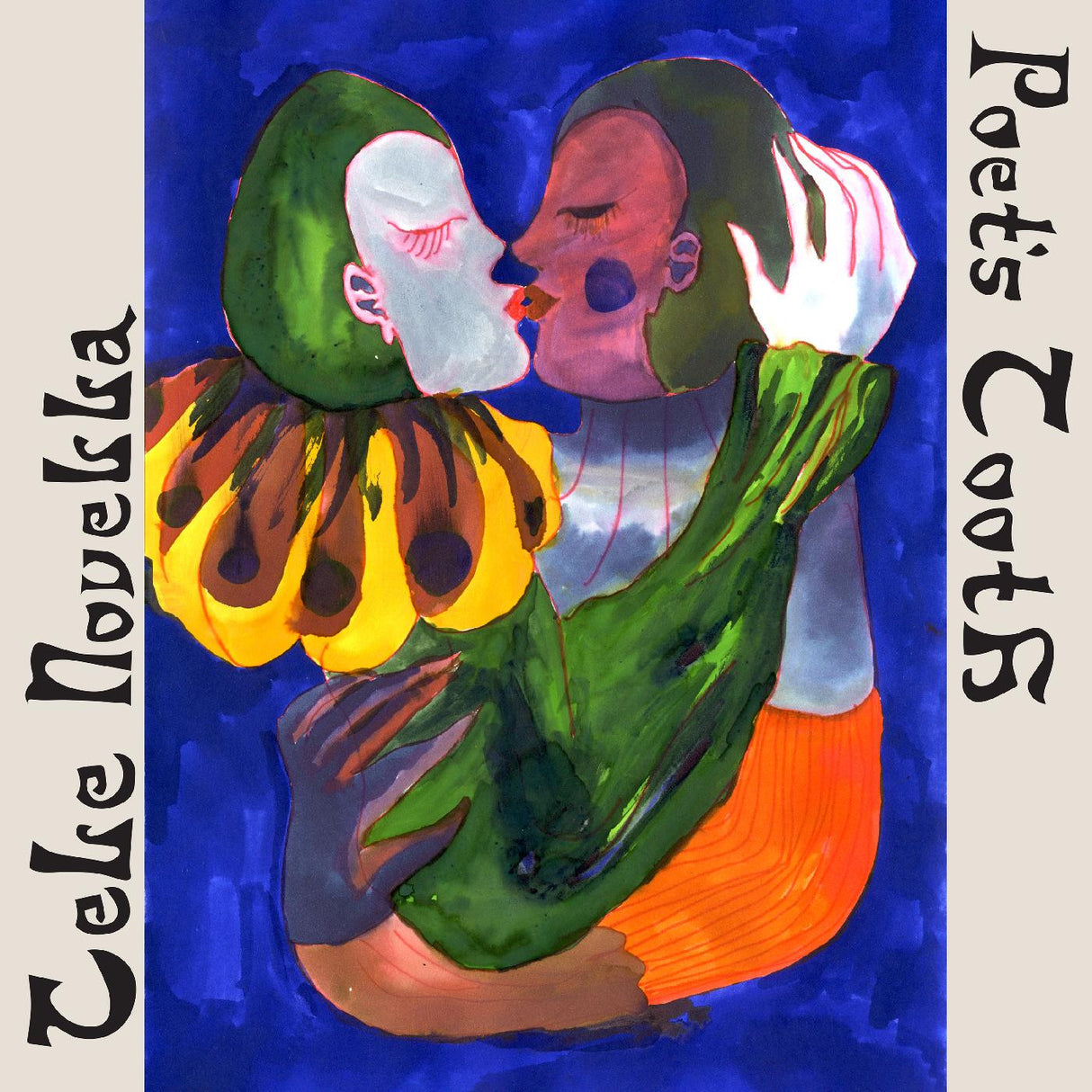 Illustration of a person with a parrot on a blue background, featuring the text 'Coke Novella' and 'Poets Coots'.