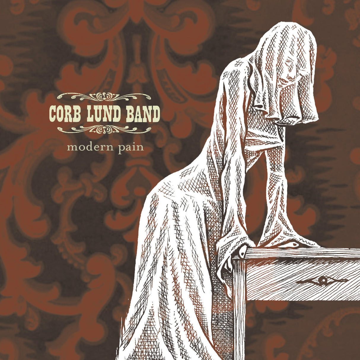 Cover art for Corb Lund Band's album Modern Pain featuring a stylized illustration of a person on a horse, with the artist's name and album title text.