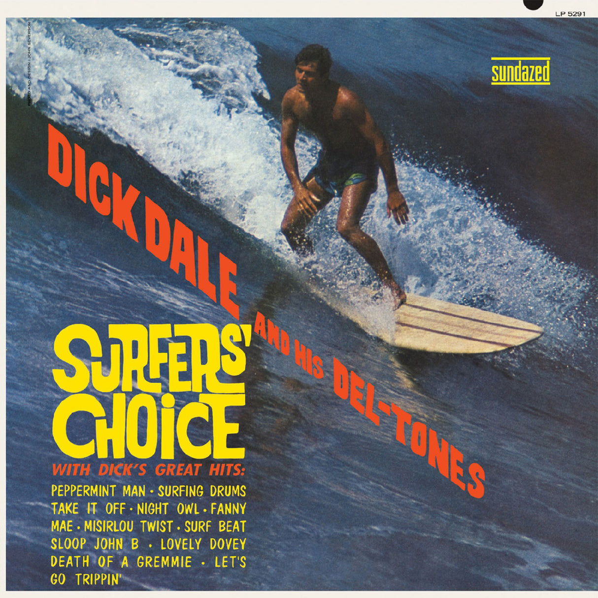 Album cover featuring a surfer on a wave with text about Dick Dale and his Del-Tones.