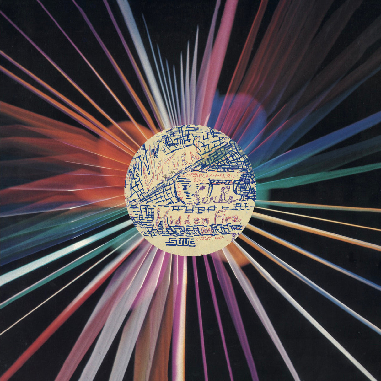 Album cover with colorful radial design and text on a dark background