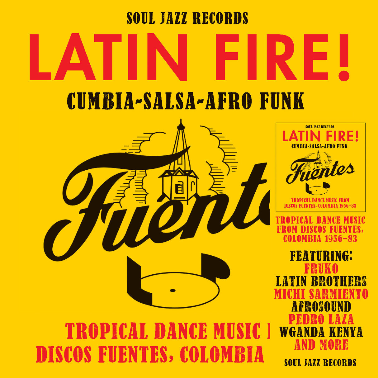 Album cover for 'Latin Fire!' by Fuentes with yellow background and black text.