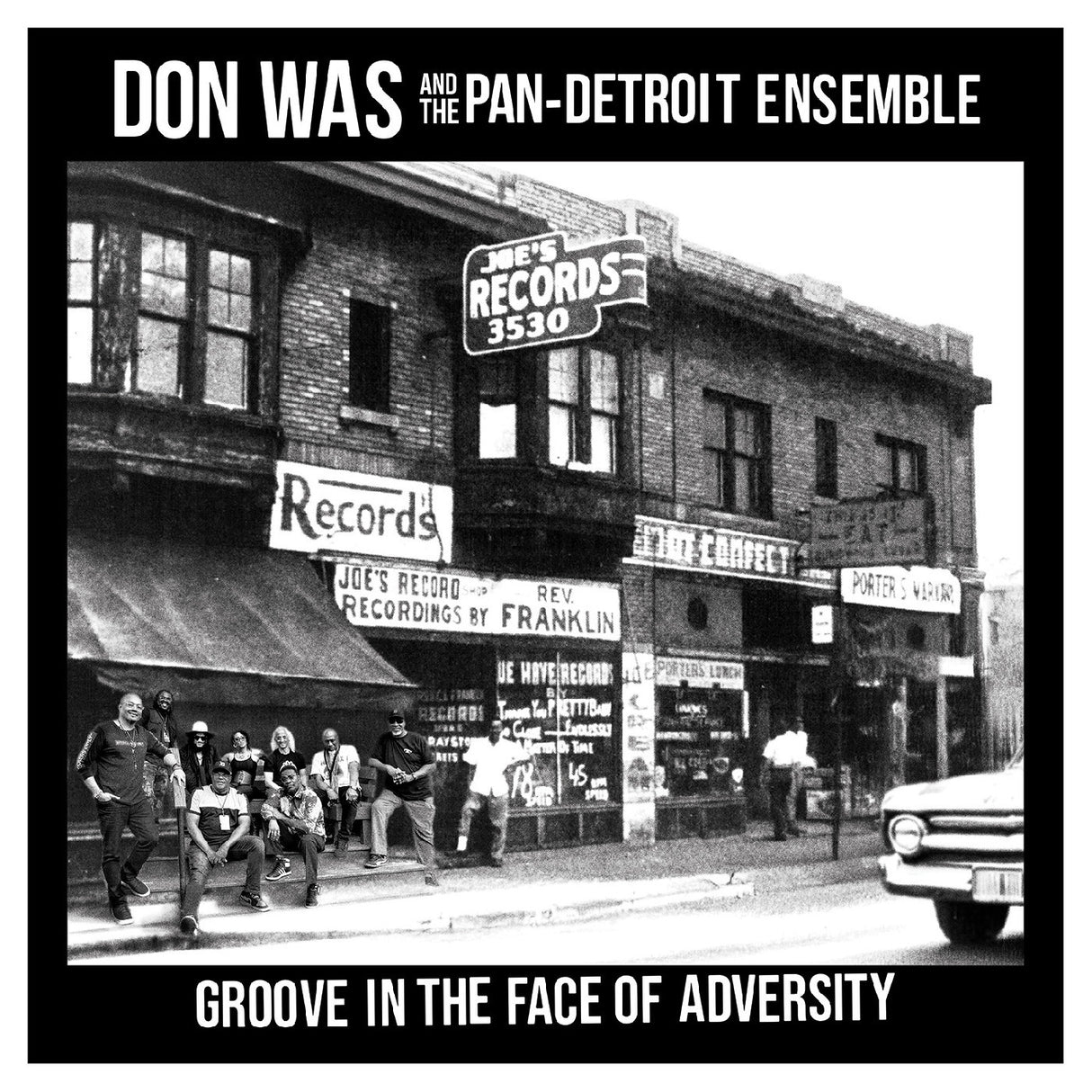 Album cover with black and white photo of a record store and text about Don Was and the Pan-Detroit Ensemble.
