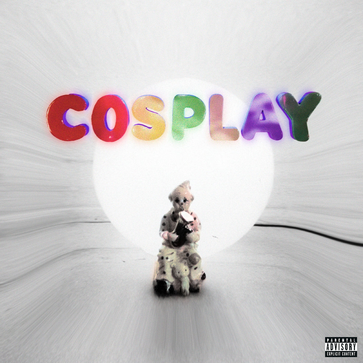 Toy figure with colorful 'COSPLAY' text on a white background