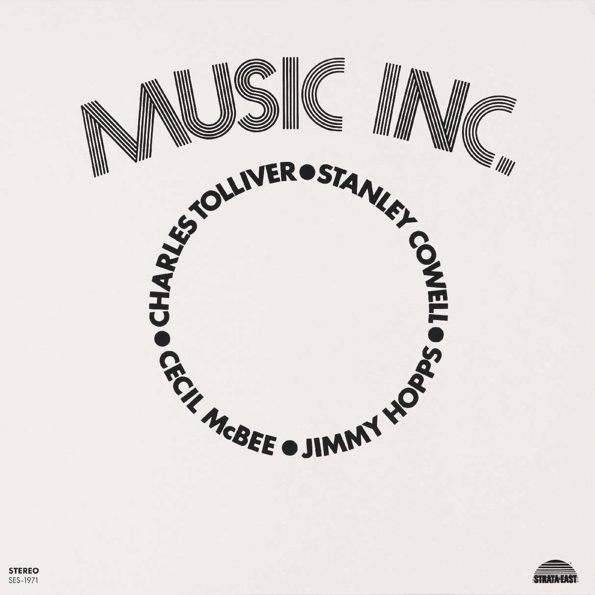 Album cover with 'Music Inc' and names in a circular arrangement on a beige background