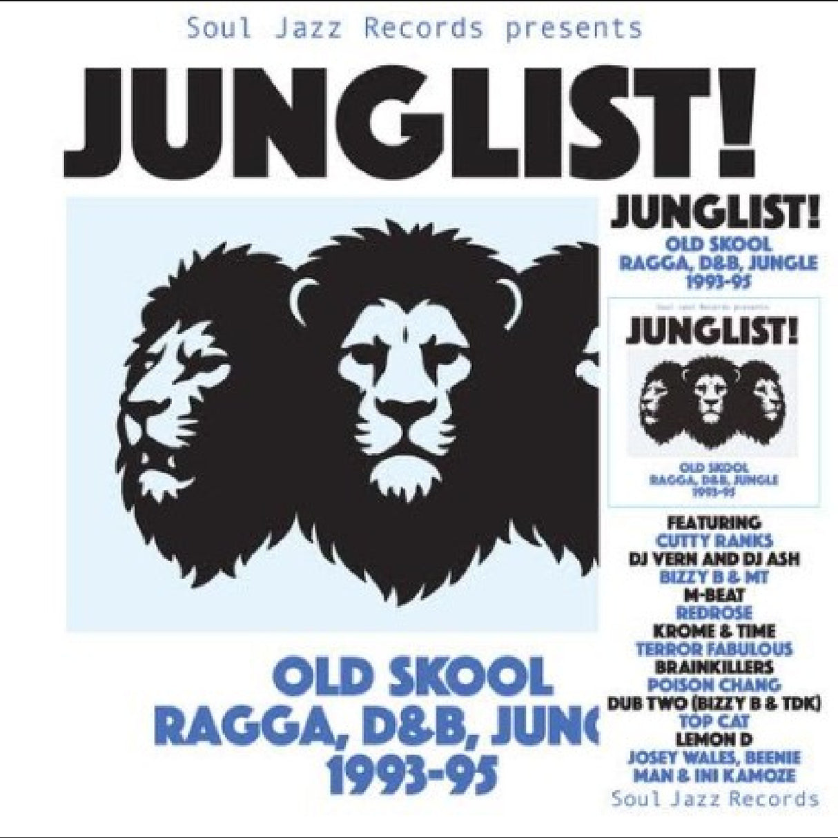Album cover for 'Junglist!' featuring two lion heads and text about Old Skool Ragga, D&B, Jungle music from 1993-95.