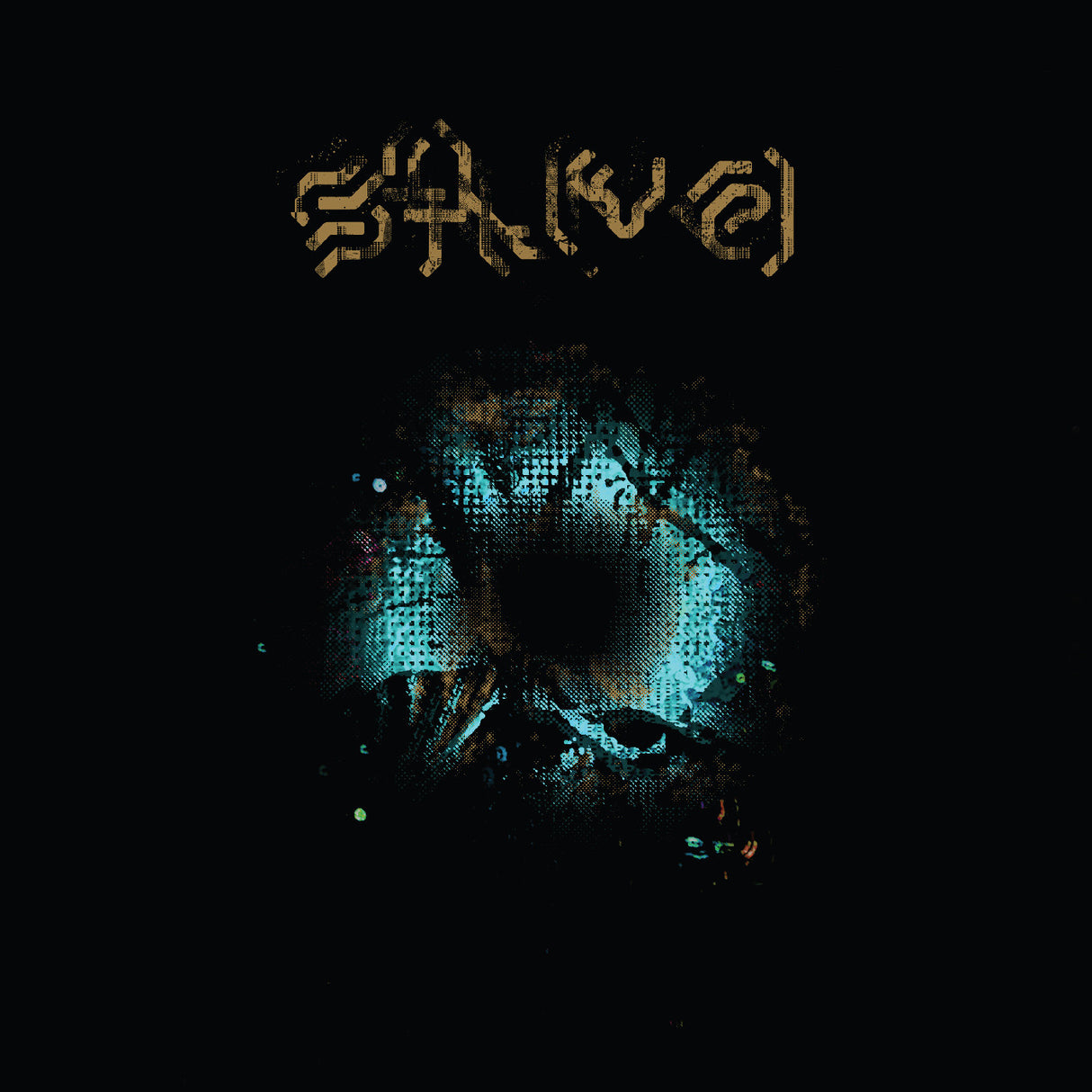 Album cover with text and blue abstract design on a black background