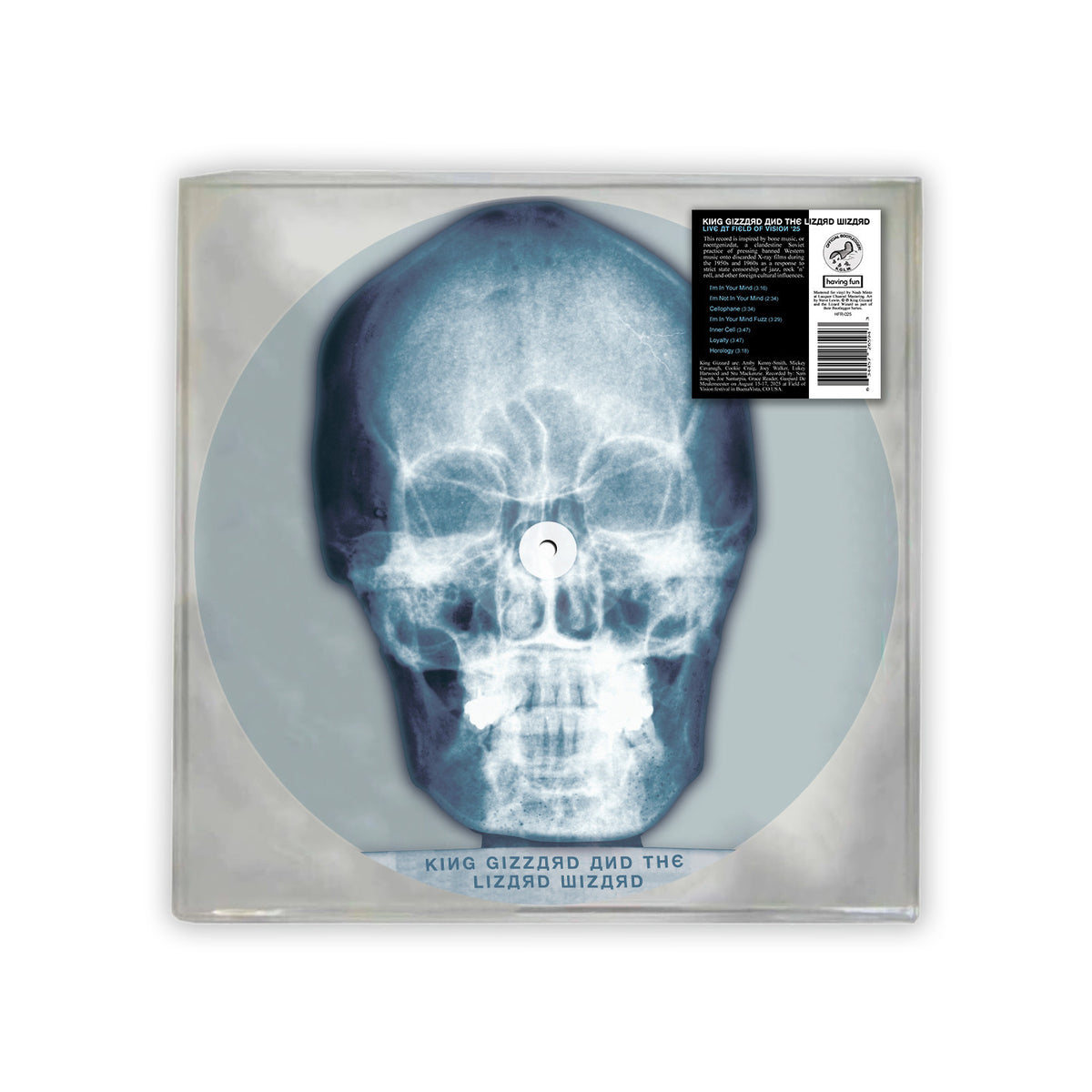 King Gizzard and the Lizard Wizard vinyl record album cover, featuring a blue-toned X-ray style skull graphic on a square silver-gray background with a black barcode sticker in the upper right.