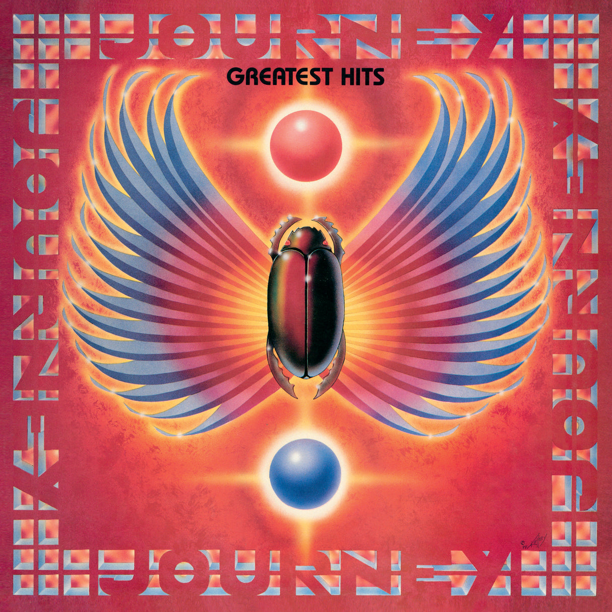 Album cover for Journey - Greatest Hits featuring a graphical design with a red, blue, and yellow color scheme and an illustration of a black and gold eagle.