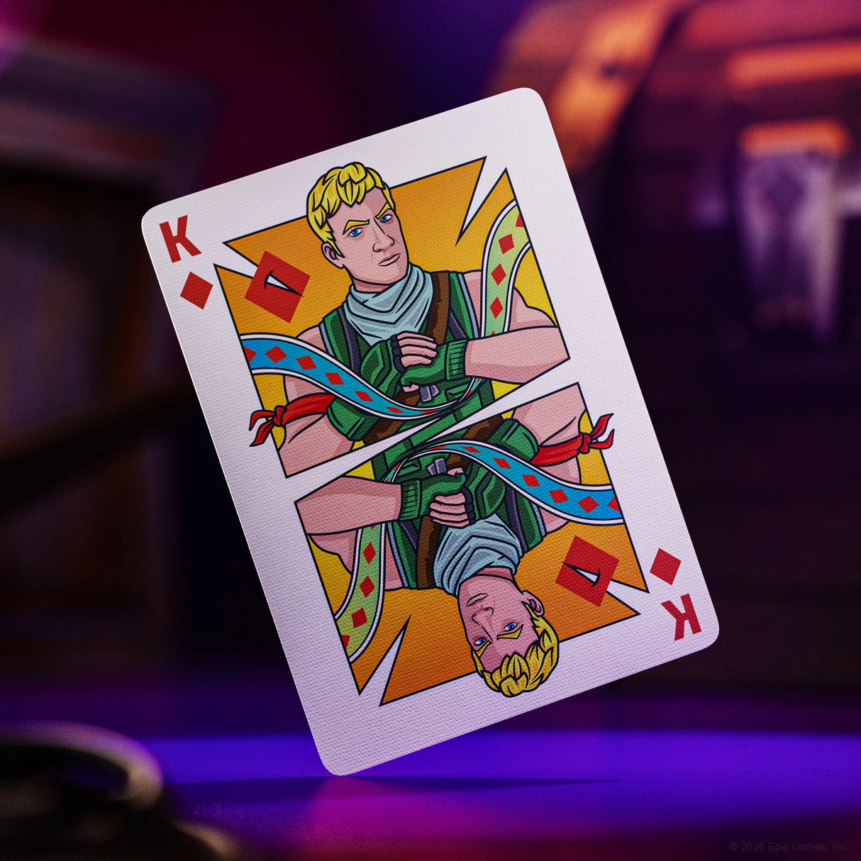 Playing card with a character design on a blurred background