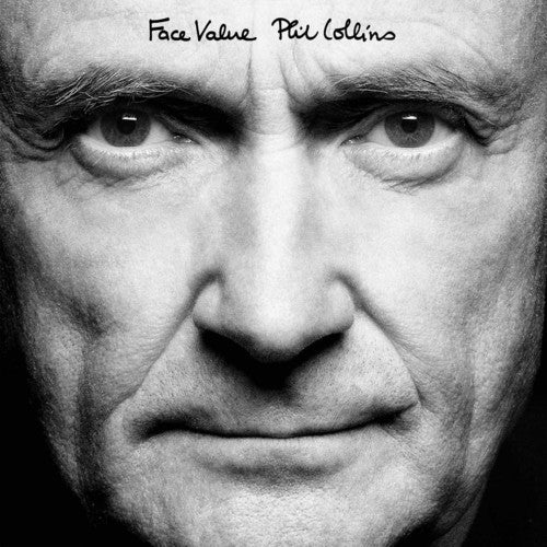 A black and white album cover featuring a close-up portrait of Phil Collins.