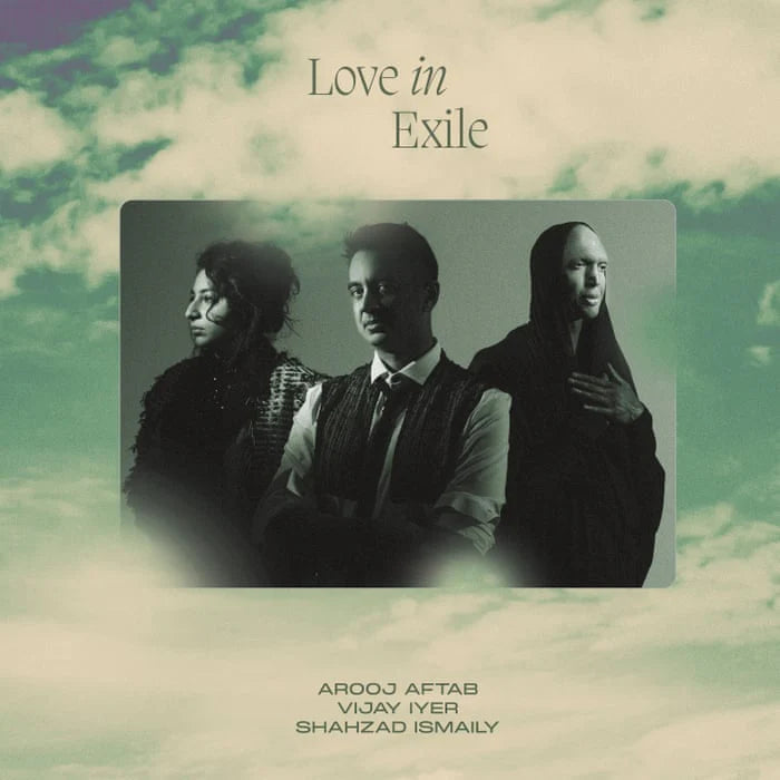 Album cover with three individuals and text 'Love in Exile' on a cloudy background