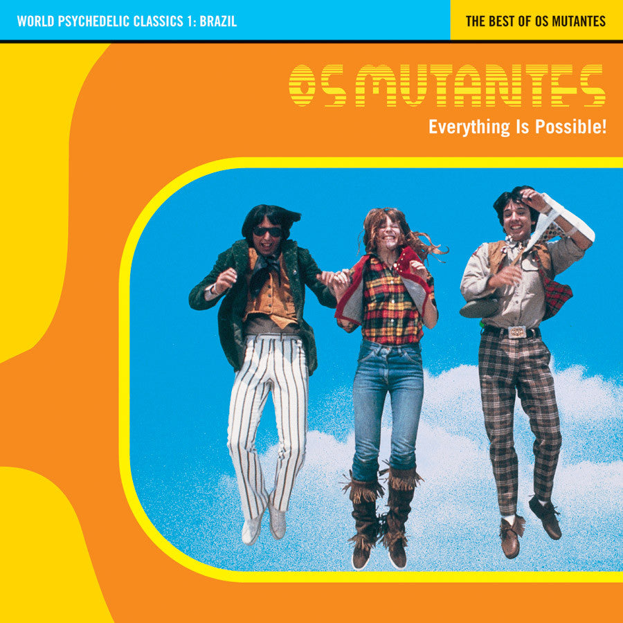 Album cover of 'Os Mutantes' with three people against a blue sky and orange border.