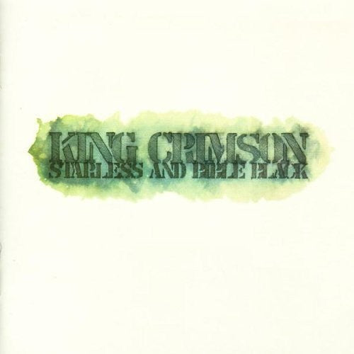 The image features the album cover of "Starless And Bible Black" by King Crimson. The cover is predominantly white with dark, stylized text in green and black, giving it a moody and artistic look.