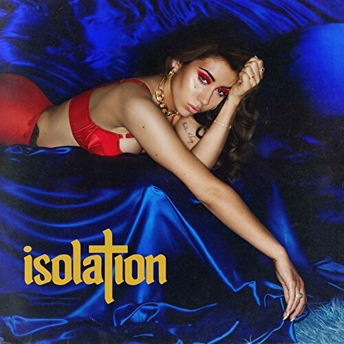 A vinyl record cover featuring a person lying down wearing a red outfit with the album 'isolation' by Kali Uchis written in bold letters.