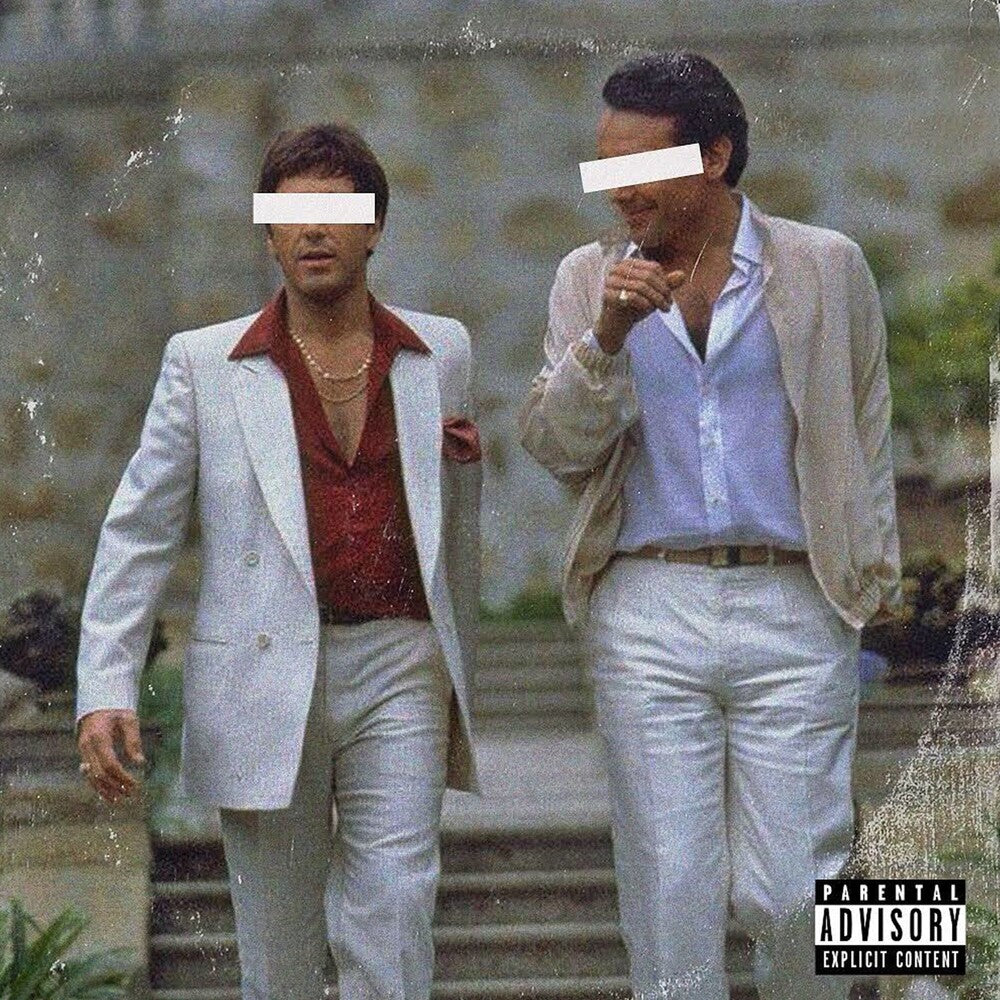 Two men in suits walking outdoors with a blurred face effect, album cover style.