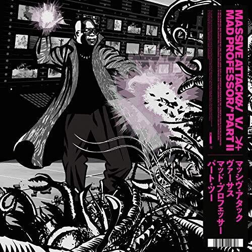 Album cover art for Massive Attack - Massive Attack v Mad Professor Part II featuring a stylized illustration of a character with a sword and a background of what appears to be a cityscape with buildings on fire, surrounded by what seems to be a swarm of insects or decorative elements.