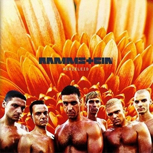 Album cover with six shirtless men in front of a large flower, featuring the band name 'Rammstein'.