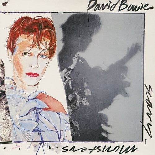 David Bowie album cover for 'Scary Monsters LP'. The cover features an illustration of Bowie's face with short red hair, overlaid with a shadowy, silhouetted figure playing a guitar.