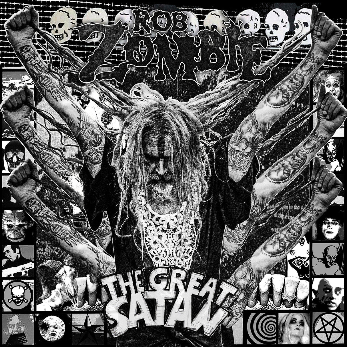 Black and white album cover with tattoos and text, featuring a central figure.