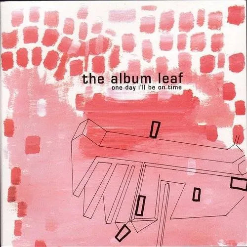 Album cover with abstract design and text 'the album leaf one day I'll be on time' on a pink and white background