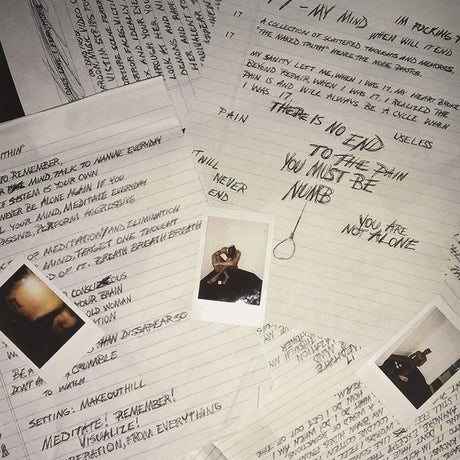 Handwritten text and photos on a surface, with a focus on emotional or therapeutic content.