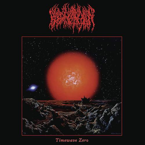 Album cover with a red sun, rocky landscape, and text at the top on a black background
