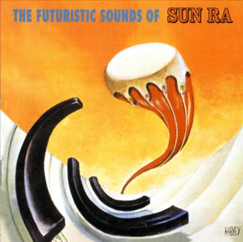 Album cover for 'The Futuristic Sounds of Sun Ra' with a stylized drum and abstract design.