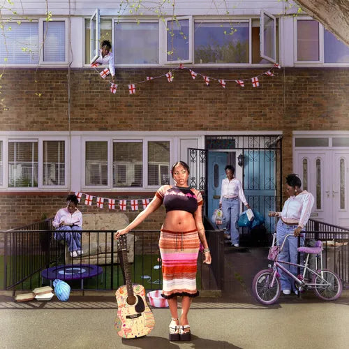 A stylized album cover featuring a woman in a colorful skirt standing in front of a guitar, with a red vinyl record in the foreground and a community scene in the background, including a child on a bicycle and a person washing dishes.